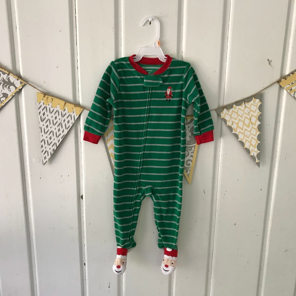 Carter’s Baby Boy Green Gray Stripe Santa Pajamas